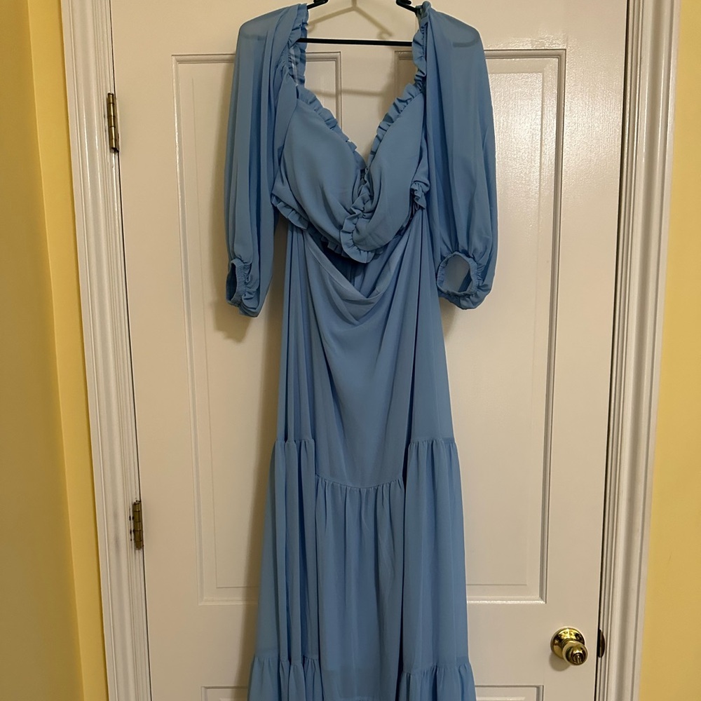 Blue Ruched Wrap Gown with Bishop Sleeves Never Worn